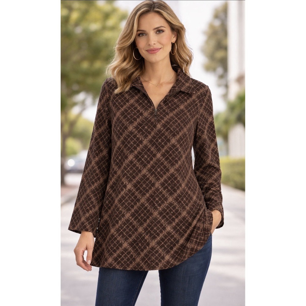 Jaclyn Smith Women Brown Zip Up Jacket Shirt Shacket Argyle Check‎ 70's Retro XL